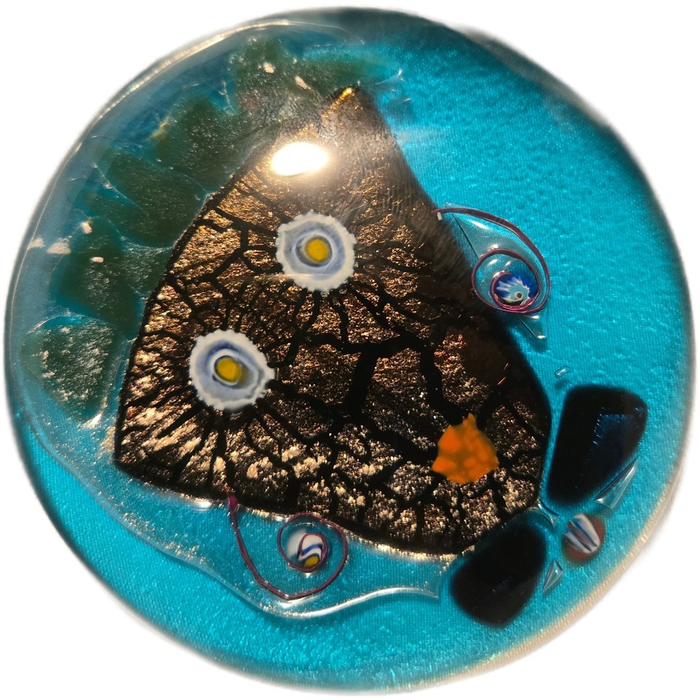 Signed Studio Art Glass Paperweight Face Blue Gold Millefiori Dome Volcano VTG